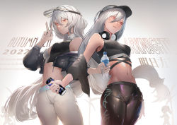 Rule 34 | 2girls, 2others, absurdres, alternate costume, arknights, bare shoulders, black headwear, black jacket, black pants, blush, bottle, breasts, can, casual, cleavage, copyright name, cowboy shot, crop top, cropped jacket, english text, gradient background, grey hair, hair between eyes, hat, highres, holding, holding bottle, holding can, jacket, long hair, long sleeves, looking at viewer, looking away, low-tied long hair, medium breasts, multiple girls, multiple others, navel, open clothes, open jacket, outdoors, palm tree, pants, parted lips, partially unzipped, photoshop (medium), red eyes, saigakobaru, skadi (arknights), smile, specter (arknights), stomach, tight clothes, tight pants, tree, v, very long hair, visor cap, water bottle, white pants, zipper pull tab