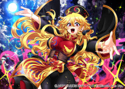 Rule 34 | 1girl, black dress, blonde hair, breasts, cloud, commentary request, copyright notice, crescent, dress, earrings, fingernails, floating hair, full moon, gold, gold trim, hair between eyes, high collar, jewelry, junko (touhou), large breasts, long hair, long sleeves, looking at viewer, magic, moon, nail polish, neck ribbon, night, official art, open mouth, red eyes, red nails, red tabard, ribbon, rihito (usazukin), solo, sparkle, tabard, teeth, tongue, touhou, touhou danmaku kagura, underbust, upper teeth only, wide sleeves, yellow ribbon