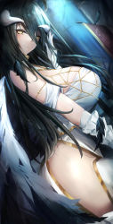 Rule 34 | 1girl, albedo (overlord), bare shoulders, black hair, black wings, breasts, demon girl, demon horns, demon wings, detached collar, dress, feathered wings, feathers, frilled gloves, frills, from side, gloves, hair between eyes, highres, hip vent, horns, large breasts, long bangs, long hair, looking at viewer, low horns, off-shoulder dress, off shoulder, overlord (maruyama), pavi, slit pupils, smile, solo, white dress, white gloves, white horns, wings, yellow eyes
