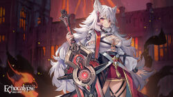 Rule 34 | 1girl, animal ear fluff, animal ears, artist request, belt, black belt, bracelet, breasts, building, cerberus (echocalypse), chest belt, cleavage, copyright, dog ears, dog girl, earrings, echocalypse, fire, grey hair, hair between eyes, highres, holding, holding sword, holding weapon, jewelry, large breasts, logo, long hair, official art, pink eyes, puffy sleeves, red skirt, second-party source, skirt, solo, spiked bracelet, spikes, sword, tassel, tassel earrings, weapon, yellow tassel