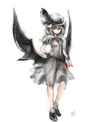 Rule 34 | 1girl, akaitera, alternate color, bad id, bad pixiv id, bat wings, brooch, female focus, grey hair, hand on own hip, hat, hip focus, jewelry, red eyes, remilia scarlet, short hair, solo, standing, touhou, wings, wrist cuffs