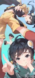 Rule 34 | 2girls, absurdres, ahoge, aqua background, aqua kimono, araragi karen, araragi tsukihi, back, bent over, between legs, black hair, black tank top, blue background, blush, breasts, brown eyes, check commentary, chinese commentary, closed mouth, commentary, commentary request, crossed ankles, egg hair ornament, feet up, floating clothes, floating hair, floral print, food-themed hair ornament, foreshortening, fried egg, from below, gradient background, hair ornament, hand on another&#039;s stomach, head rest, highres, index finger raised, jacket, japanese clothes, kimono, kneehighs, leaning forward, light blush, long hair, looking at viewer, looking down, medium breasts, monogatari (series), multiple girls, nisemonogatari, no socks, open clothes, open jacket, open mouth, parted lips, perspective, pointing, ponytail, raised eyebrows, red socks, sandals, shixin changjinglu, short hair, shorts, siblings, side ponytail, sisters, smile, socks, striped, swept bangs, tank top, track jacket, track suit, upturned eyes, vertical stripes, wind, yellow jacket, yellow shorts, zouri