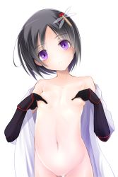 Rule 34 | 1girl, black hair, breast hold, breasts, bug, covering privates, covering breasts, doburoku (daiginjou), dragonfly, elbow gloves, gloves, head tilt, highres, insect, looking at viewer, navel, odaki (oshiro project), open clothes, oshiro project:re, purple eyes, pussy, revision, short hair, small breasts, solo, uncensored