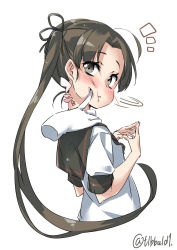 Rule 34 | 10s, 1girl, ^^^, ahoge, ayanami (kancolle), bad id, bad twitter id, black eyes, black hair, black ribbon, blush, cheek poking, disembodied hand, ebifurya, fingers together, from side, hair ribbon, highres, inactive account, kantai collection, long hair, looking at viewer, looking back, motion lines, own hands together, parted lips, poking, ribbon, school uniform, serafuku, short sleeves, side ponytail, simple background, solo focus, twitter username, upper body, white background