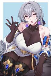 Rule 34 | 1girl, bare shoulders, boots, breasts, bronya rand, collarbone, earrings, elbow gloves, fellatio gesture, gloves, grey eyes, grey hair, highres, honkai: star rail, honkai (series), jewelry, kanta (kanta 077), large breasts, long hair, looking at viewer, pantyhose, simple background, solo, thick thighs, thigh boots, thighs, tongue, tongue out