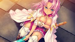 Rule 34 | 1girl, belt, blue eyes, breasts, breasts out, cape, dark-skinned female, dark skin, dress, embarrassed, facial mark, forehead mark, from above, game cg, gloves, hair intakes, hikage eiji, koihime musou, long hair, looking up, nipples, no bra, pink hair, ponytail, red dress, sheath, short dress, single glove, solo, sonken, strapless, strapless dress, suzukuri karin-chan, sword, thighhighs, weapon, white cape, white gloves, white thighhighs