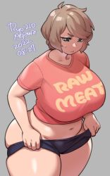 Rule 34 | 1girl, agawa ryou, artist name, breasts, brown hair, clothes pull, clothes writing, dated, grey background, grey eyes, large breasts, looking down, navel, original, plump, shirt, short hair, short shorts, shorts, simple background, skindentation, solo, sweat, t-shirt, thick thighs, thighs, undersized clothes, weight conscious, wide hips