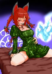 Rule 34 | 1girl, animal ears, arm ribbon, bed, bed frame, braid, breasts, cat ears, cleavage, dress, fingernails, flaming skull, floating skull, green dress, hand on own stomach, juliet sleeves, kaenbyou rin, large breasts, long sleeves, mersoleil03, naughty face, neck ribbon, on bed, puffy sleeves, red eyes, red hair, ribbon, sitting, solo, thighhighs, touhou, twin braids