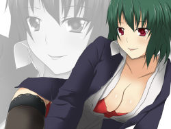 Rule 34 | 1girl, ashino moto, breasts, business suit, cleavage, contemporary, downblouse, female focus, formal, green hair, kazami yuuka, large breasts, open clothes, open shirt, panties, pantyhose, red eyes, shirt, solo, suit, thighhighs, touhou, underwear, zettai ryouiki, zoom layer