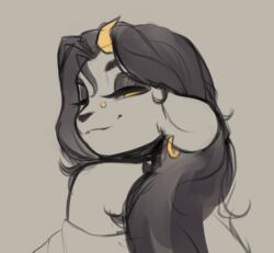 Rule 34 | 1girl, bare shoulders, closed mouth, deer girl, earrings, furry, half-closed eye, horns, jewelry, kody (pudgeruffian), long hair, looking back, off shoulder, one eye closed, original, pudgeruffian, single horn, smile, solo, unfinished, yellow eyes