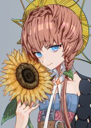 Rule 34 | 1girl, blue eyes, blue overalls, braid, brown hair, crown braid, dress, fate/grand order, fate (series), flower, hat, highres, holding, long hair, looking at viewer, orange hair, overalls, puffy sleeves, side braid, smile, solo, striped clothes, striped headwear, sunflower, sunflower petals, van gogh (fate), waterstaring, yellow hat