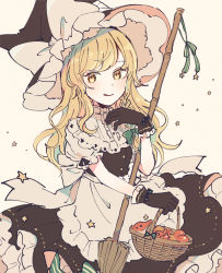 Rule 34 | 1girl, :q, adapted costume, apron, basket, black dress, black gloves, black hat, blonde hair, bow, braid, broom, commentary request, dress, gloves, hair bow, hat, hat bow, highres, holding, holding basket, kirisame marisa, looking at viewer, mozukuzu (manukedori), mushroom, shirt, short sleeves, simple background, single braid, solo, star (symbol), tongue, tongue out, touhou, upper body, waist apron, white bow, white shirt, witch hat, yellow eyes