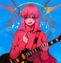 Rule 34 | 1girl, artist request, bad link, blue background, blue eyes, bocchi the rock!, cube hair ornament, electric guitar, embarrassed, gotoh hitori, guitar, hair ornament, highres, holding, holding instrument, instrument, jacket, long hair, long sleeves, looking at viewer, open mouth, pink hair, pink jacket, plectrum, pointing, pointing at self, signature, solo, source request, sweat, nervous sweating, track jacket, upper body, very long hair