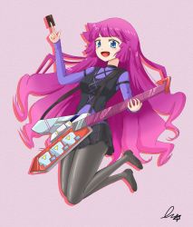 Rule 34 | 1girl, black footwear, black pantyhose, black skirt, blouse, blue eyes, blush, card, drop shadow, full body, guitar, highres, holding, holding card, holding guitar, holding instrument, instrument, kirishima romin, long hair, long sleeves, looking at viewer, open mouth, pantyhose, purple background, purple hair, purple shirt, shirt, shoes, simple background, skirt, smile, solo, very long hair, wislley, yu-gi-oh!, yu-gi-oh! sevens