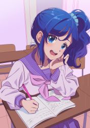 Rule 34 | 1girl, absurdres, aikatsu!, aikatsu! (series), arm rest, bad id, bad pixiv id, blue eyes, blue hair, blue scrunchie, chair, classroom, commentary request, elbow rest, hair ornament, hair scrunchie, highres, holding, holding pencil, huge filesize, indoors, kaoryu-kun, kiriya aoi, leaning forward, lips, long hair, looking at viewer, neckerchief, notebook, on chair, pencil, pleated skirt, purple neckerchief, purple sailor collar, purple skirt, sailor collar, school uniform, scrunchie, serafuku, shirt, side ponytail, sidelocks, sitting, skirt, smile, solo, table, writing