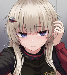 Rule 34 | 1girl, ak74m (girls&#039; frontline), black jacket, blonde hair, closed mouth, empty eyes, girls&#039; frontline, hair ornament, tucking hair, highres, jacket, light blush, long hair, looking at viewer, original, portrait, russian text, snowflake hair ornament, solo, yakob labo