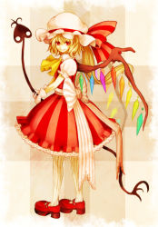 Rule 34 | 1girl, ascot, blonde hair, bow, choma, female focus, flandre scarlet, gloves, hat, hat bow, laevatein, large bow, long hair, mary janes, pantyhose, pinstripe pattern, red eyes, shoes, side ponytail, skirt, skirt set, smile, solo, striped clothes, striped pantyhose, touhou, vertical-striped clothes, vertical-striped pantyhose, white gloves, white pantyhose, wings