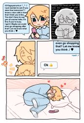 Rule 34 | 1boy, bed, blonde hair, blue pajamas, blush, cellphone, closed eyes, closed mouth, comic, commentary, covering own mouth, emoji, english commentary, english text, flip phone, full body, hanazawa teruki, heart, highres, holding, holding phone, holding pillow, implied yaoi, kaogens, lying, male focus, mob psycho 100, musical note, on bed, on side, open mouth, pajamas, phone, pillow, short hair, smile, text messaging, thumbs up