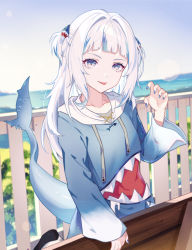 Rule 34 | 1girl, bench, blue eyes, blue hair, blue hoodie, blue nails, blush, collarbone, commentary, fingernails, fins, fish tail, gawr gura, gawr gura (1st costume), hair ornament, hololive, hololive english, hood, hood down, hoodie, long hair, long sleeves, looking at viewer, multicolored eyes, multicolored hair, multicolored nails, nail polish, nihnfinite8, open mouth, purple nails, shark, shark girl, shark tail, sharp fingernails, sharp teeth, sitting, smile, solo, streaked hair, striped, tail, teeth, tongue, tongue out, virtual youtuber, white hair