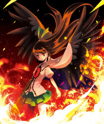 Rule 34 | 1girl, arm cannon, black hair, bow, cape, catbell, female focus, fire, gradient background, hair bow, long hair, pyrokinesis, red eyes, reiuji utsuho, skirt, solo, standing, touhou, weapon, wings