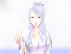 Rule 34 | 1girl, blue eyes, breasts, chou shittou caduceus, cleavage, collarbone, earrings, fingernails, hat, jewelry, large breasts, long hair, looking at viewer, mira kimishima, moriririnn, nurse, nurse cap, serious, signature, silver hair, simple background, solo, thermometer