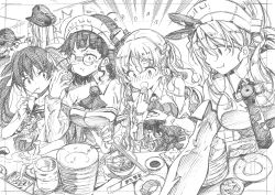 Rule 34 | 5girls, ^^^, absurdres, asphyxiation, bismarck (kancolle), blunt bangs, blush, breasts, choking, chopsticks, dessert, detached sleeves, eating, flying sweatdrops, food, food in mouth, glasses, graphite (medium), greyscale, hair ribbon, hat, headdress, headgear, highres, holding, holding food, kantai collection, kojima takeshi, large breasts, libeccio (kancolle), littorio (kancolle), long hair, long sleeves, monochrome, multiple girls, open mouth, ribbon, roma (kancolle), sushi, sweat, traditional media, twintails, wavy hair