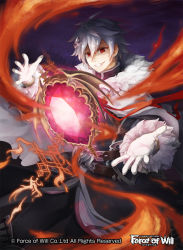 Rule 34 | 1boy, bai ye liang, belt, cape, fire, force of will, fur trim, gem, gill lapis (force of will), gloves, hair ornament, hairclip, male focus, night, night sky, official art, red eyes, sky, solo, teeth, upper body, white hair