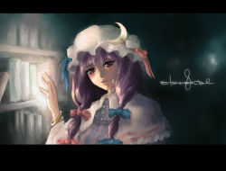 Rule 34 | 1girl, bad id, bad pixiv id, book, bow, female focus, goldregen, hat, letterboxed, library, long hair, patchouli knowledge, pink bow, purple hair, ribbon, solo, touhou, voile