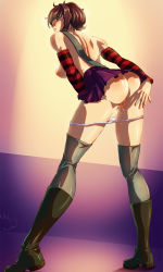 Rule 34 | 1girl, alhetfer, ass, bent over, black lagoon, black thighhighs, blush, boots, breasts, brown hair, detached sleeves, frederica sawyer, highres, knee boots, large breasts, nipples, panties, panty pull, pussy, pussy juice, short hair, solo, striped, striped sleeves, thighhighs, topless, underwear, upskirt
