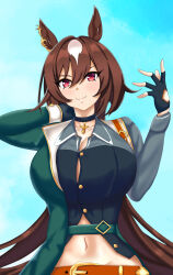 Rule 34 | 1girl, absurdres, animal ears, arm up, belt, black choker, black hair, black shirt, breasts, brown hair, buttons, choker, cloud, collared shirt, commentary request, ear ornament, fingerless gloves, gloves, green jacket, green pants, hair between eyes, hand on another&#039;s neck, highres, horse ears, horse girl, horse tail, jacket, long hair, looking at viewer, medium breasts, multicolored hair, pants, pendant choker, red eyes, shirt, sirius symboli (umamusume), smile, solo, streaked hair, tail, tessa (uma orfevre), umamusume, upper body, very long hair, white hair