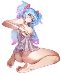 Rule 34 | 1girl, armpits, ass, bare shoulders, barefoot, blue hair, blush, bow (bhp), breasts, lingerie, long hair, looking at viewer, original, panties, purple eyes, simple background, sitting, solo, thighs, two side up, underwear, wariza, white background