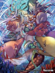 Rule 34 | 4girls, blue eyes, blue hair, breasts, bubble, cleavage, closed eyes, copyright name, coral, crying, dolphin, fins, force of will, head fins, horns, japanese clothes, jewelry, mermaid, midriff, monocle, monster girl, multiple girls, nanahara shie, navel, necklace, official art, open mouth, pink hair, ponytail, purple hair, sparkle, teeth, underwater, white hair, yellow eyes