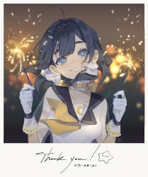 Rule 34 | 1girl, ahoge, black hair, blue eyes, choker, collarbone, commentary, dated, english commentary, frilled choker, frills, gloves, hair behind ear, head tilt, heart, heart ahoge, heart hair, holding sparkler, indie virtual youtuber, looking at viewer, polaroid, ryusei nova, sailor collar, smile, solo, virtual youtuber, white gloves, xiaociiao