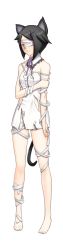 Rule 34 | 00s, 1girl, animal ears, ar tonelico, ar tonelico iii, bandage over one eye, bandages, barefoot, black hair, bow, camisole, cat ears, cat girl, cat tail, feet, female focus, filament (ar tonelico), full body, gust, hair ornament, hairclip, highres, legs, long image, nagi ryou, off shoulder, official art, pink eyes, red eyes, short hair, solo, standing, strap slip, tail, tall image, torn camisole, torn clothes, transparent background