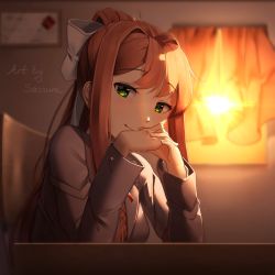 Rule 34 | 1girl, artist name, brown hair, classroom, commentary, curtains, doki doki literature club, english commentary, green eyes, grey jacket, hair ribbon, highres, indoors, interlocked fingers, jacket, light smile, long hair, long sleeves, looking at viewer, monika (doki doki literature club), own hands together, ponytail, ribbon, sasoura, school uniform, sidelocks, smile, solo, sunset, upper body, white ribbon, window