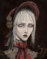 Rule 34 | 1girl, ascot, azure meraki, bags under eyes, bloodborne, blue eyes, bonnet, closed mouth, dated, emaciated, flower, hat, hat flower, highres, lipstick, looking at viewer, makeup, mascara, plain doll, portrait, purple lips, red ascot, signature, solo, white hair