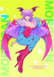 Rule 34 | 1girl, alternate color, animal print, bat print, blue pantyhose, boots, breasts, character name, cleavage, demon wings, english text, full body, head wings, high heel boots, high heels, highres, large breasts, leotard, long hair, looking at viewer, morrigan aensland, motozaki mio, open mouth, pantyhose, purple hair, red eyes, red footwear, red leotard, solo, strapless, strapless leotard, tongue, tongue out, vampire (game), wings