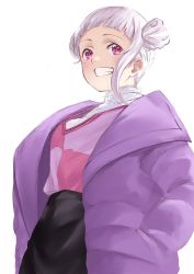 Rule 34 | 1girl, absurdres, arashi chisato, black skirt, blunt bangs, coat, from below, grin, hair bun, hand in pocket, highres, looking at viewer, love live!, love live! superstar!!, open clothes, open coat, pink eyes, pink sweater, purple coat, repurika, shirt, short hair, silver hair, simple background, single hair bun, sketch, skirt, smile, solo, standing, sweater, white background, white shirt