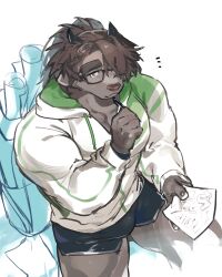 Rule 34 | 1boy, animal ears, bara, black shorts, blush, bulge, catoblepas (housamo), commentary request, cow boy, cow ears, cow horns, furry, furry male, glasses, highres, holding, holding paper, holding pen, hood, hooded jacket, horns, jacket, looking at viewer, male focus, nanaisan (713), paper, pen, pen to chin, shorts, thick eyebrows, tokyo houkago summoners, white background, white jacket