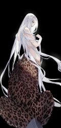 Rule 34 | 1girl, bare shoulders, black background, breasts, chimera, highres, leopard, lips, long hair, looking down, medium breasts, original, parted lips, simple background, solo, topless, very long hair, white eyes, white hair, xxlsid48