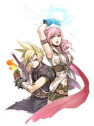 Rule 34 | 10s, 1990s (style), 1boy, 1girl, arm up, blonde hair, blue eyes, cloud strife, final fantasy, final fantasy vii, final fantasy xiii, fingerless gloves, gloves, lightning farron, looking at viewer, minats, navel, open mouth, pink hair
