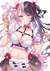 1girl absurdres apron between_breasts bikini black_hair black_nails black_skirt blush bow bowtie braid braided_bangs breasts chest_harness choker detached_sleeves food frilled_choker frills grin hair_bow hair_ornament hair_ribbon harness heart heart_hair_ornament heart_o-ring highres holding holding_spoon ice_cream ice_cream_spoon large_breasts long_hair looking_at_viewer maid maid_apron maid_bikini miniskirt multicolored_hair navel nemu_o3o o-ring o-ring_harness pink_hair pink_nails pink_sleeves pixel_heart pleated_skirt red_bow red_bowtie red_wristband ribbon see-through_clothes see-through_sleeves skirt smile solo split-color_hair spoon stomach strap_between_breasts striped_choker swimsuit tachibana_hinano_(vspo!_summer_2024) tachibana_hinano_(vtuber) two-tone_hair two-tone_nails two_side_up unconventional_maid vertical-striped_sleeves very_long_hair virtual_youtuber vspo! white_background white_bikini white_ribbon wrist_cuffs