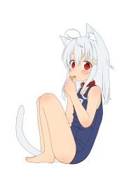 Rule 34 | 1girl, absurdres, ahoge, animal ear fluff, animal ears, cat ears, cat tail, collar, female focus, hair ornament, hairclip, highres, one-piece swimsuit, original, red eyes, simple background, sitting, solo, stealthwriter, swimsuit, tail, tongue, tongue out, white background