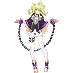 Rule 34 | &gt;:), 1girl, ahoge, aqua eyes, artist request, barcode, bare legs, bare shoulders, black capelet, black choker, capelet, chain, chained wrists, choker, cleavage cutout, closed mouth, clothing cutout, dress, eyepatch, final gear, gloves, green hair, hair tie, knees, multicolored capelet, o-ring, o-ring choker, o-ring thigh strap, official art, one eye covered, orange gloves, parted lips, see-through, shoes, short hair, sidelocks, simple background, smile, sneakers, solo, standing, tachi-e, thea (final gear), thigh strap, third-party source, transparent background, twintails, v-shaped eyebrows, white dress, wrist cuffs