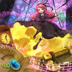 Rule 34 | 1girl, at pokky, atpokkii, bad id, bad pixiv id, black dress, clock, dress, hair ribbon, jewelry, key, megurine luka, music box, musical note, necklace, pink hair, ribbon, smile, socks, solo, toki no orgel (vocaloid), vocaloid