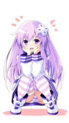 Rule 34 | 1girl, d-pad, d-pad hair ornament, dress, hair ornament, happy, highres, iwashi dorobou -r-, long hair, looking at viewer, nepgear, neptune (series), open mouth, panties, pantyshot, purple eyes, purple hair, smile, solo, squatting, striped clothes, striped panties, striped thighhighs, thighhighs, underwear