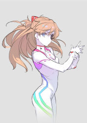 Rule 34 | 1girl, bodysuit, evangelion: 3.0+1.0 thrice upon a time, eyepatch, grey background, hair between eyes, interface headset, long hair, looking to the side, neon genesis evangelion, plugsuit, rebuild of evangelion, simple background, solo, souryuu asuka langley, standing, timbougami, upper body, white background, yebrows visible through hair