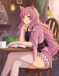 Rule 34 | 1girl, animal ears, arm support, black choker, black sash, blush, book, braid, bush, ceiling light, chair, choker, closed mouth, commission, crossed legs, cup, ear ornament, facial mark, french braid, from side, head rest, highres, indoors, japanese clothes, kimono, long hair, looking at viewer, looking to the side, maid, obi, open book, original, pink hair, pink kimono, red eyes, sash, second-party source, shellvi, short kimono, sitting, smile, solo, table, thighhighs, tray, very long hair, wa maid, whisker markings, white thighhighs
