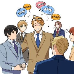 Rule 34 | &gt; &lt;, 6+boys, = =, ?, america (hetalia), axis powers hetalia, black hair, blonde hair, blue suit, brown hair, brown suit, english text, eyewear on head, faceless, faceless male, flying sweatdrops, formal, france (hetalia), germany (hetalia), japan (hetalia), laughing, looking at another, looking for glasses, mendou kusai, multiple boys, northern italy (hetalia), official alternate costume, simple background, spoken object, spoken question mark, suit, thick eyebrows, to@st, united kingdom (hetalia), white background