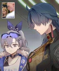 Rule 34 | 1boy, 1girl, ahoge, badge, blade (honkai: star rail), blue bow, blue hair, blue jacket, bow, choker, girl staring at guys chest (meme), grey eyes, grey hair, hair bow, high ponytail, highres, honkai: star rail, honkai (series), jacket, kkong x, large pectorals, long hair, looking to the side, meme, parted bangs, pectorals, photo-referenced, reference inset, shirt, silver wolf (honkai: star rail), upper body, very long hair, white shirt